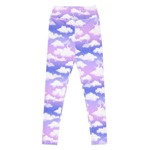 Cloudy Sky kawaii high-waisted leggings with puffy white clouds and crescent moons on a pastel sky