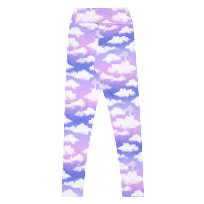 Cloudy Sky kawaii high-waisted leggings with crescent moons and scattered stars on a pastel sky