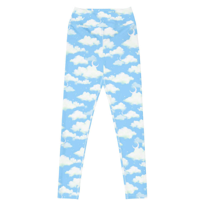 Cloudy Sky kawaii high-waisted leggings with drifting clouds and tiny stars on a pastel sky