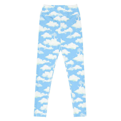 Cloudy Sky kawaii high-waisted leggings with drifting clouds and tiny stars on a pastel sky