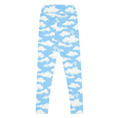 Cloudy Sky kawaii high-waisted leggings with fluffy clouds and a crescent moon on a pastel sky