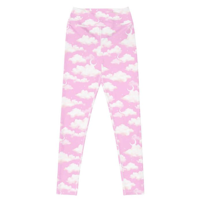 Cloudy Sky kawaii high-waisted leggings in pink with puffy clouds and sprinkled stars