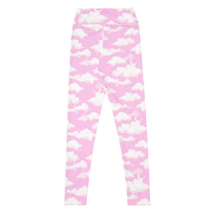Cloudy Sky kawaii high-waisted leggings with crescent moons and soft clouds on a pastel sky