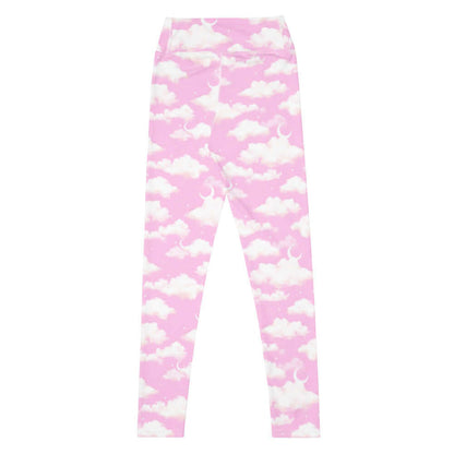 Cloudy Sky kawaii high-waisted leggings with crescent moons and soft clouds on a pastel sky
