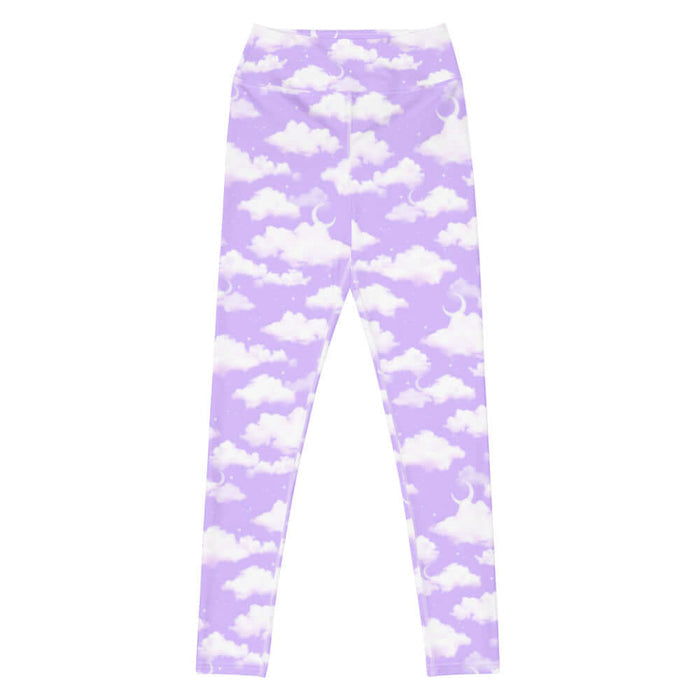Cloudy Sky kawaii high-waisted leggings with white clouds and tiny stars on a pastel sky