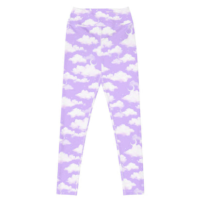 Cloudy Sky kawaii high-waisted leggings with white clouds and tiny stars on a pastel sky