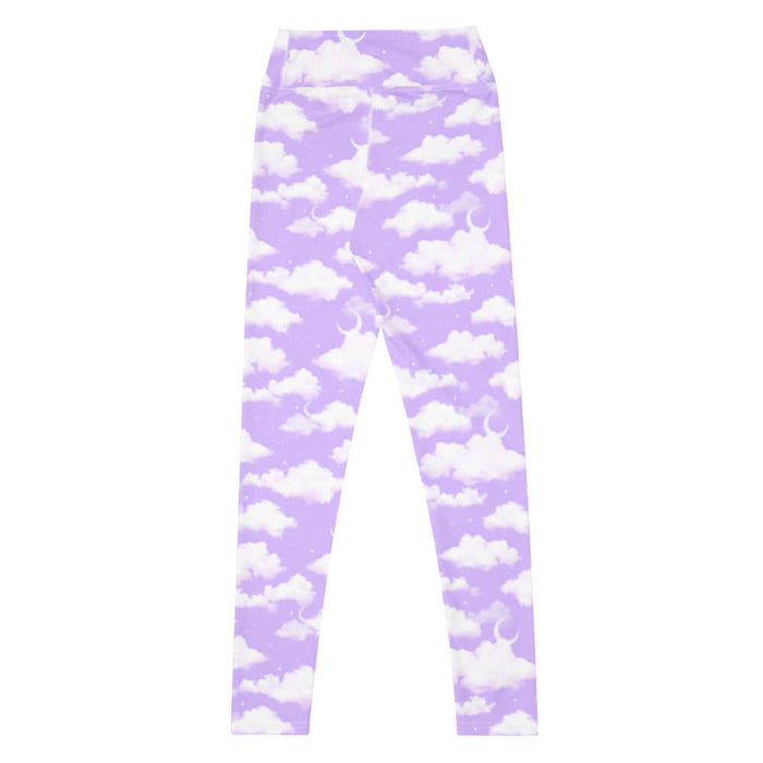 Cloudy Sky kawaii high-waisted leggings with fluffy cumulus clouds and crescent moons on a pastel sky