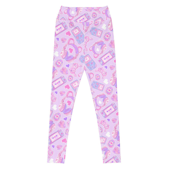 Gamer Girl kawaii high-waisted leggings in pink with bear-ear headphones and pixel hearts