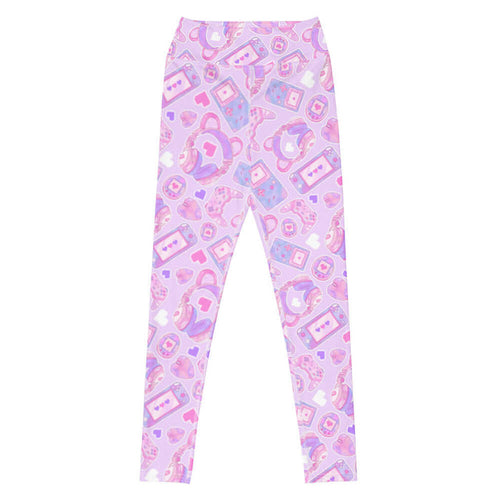 Gamer Girl kawaii high-waisted leggings in pink with bear-ear headphones and pixel hearts