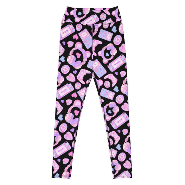 Gamer Girl kawaii high-waisted leggings in pink with Game Boy handhelds and 8-bit hearts