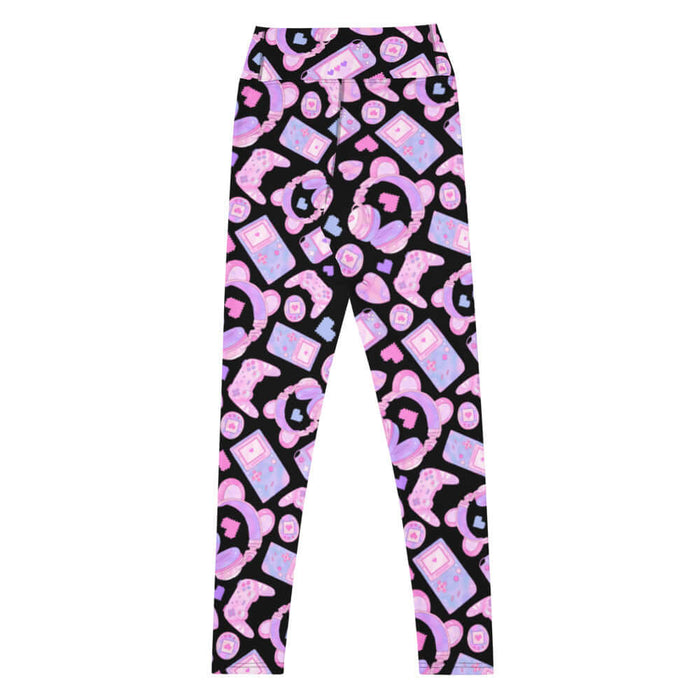 Gamer Girl kawaii high-waisted leggings in black with twin joysticks and pastel handhelds