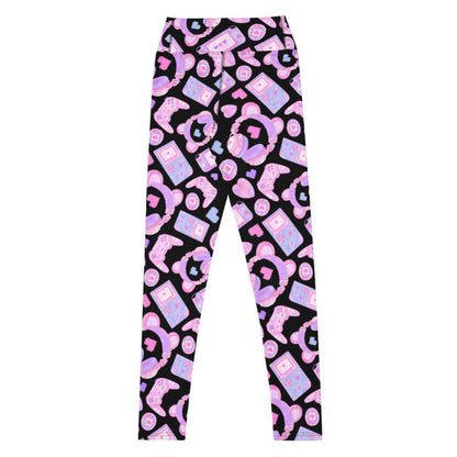 Gamer Girl kawaii high-waisted leggings in black with twin joysticks and pastel handhelds