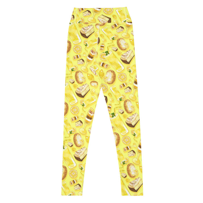 Lemon kawaii high-waisted leggings in yellow with golden citrus tarts and iced lemonade