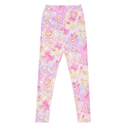 Magical Girl kawaii high-waisted leggings in pink with gem hearts and star wands