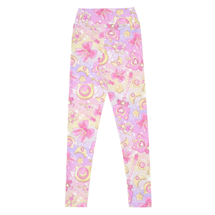 Magical Girl kawaii high-waisted leggings in pink featuring neko compacts and crescent moons
