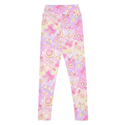 Magical Girl kawaii high-waisted leggings in pink featuring neko compacts and crescent moons