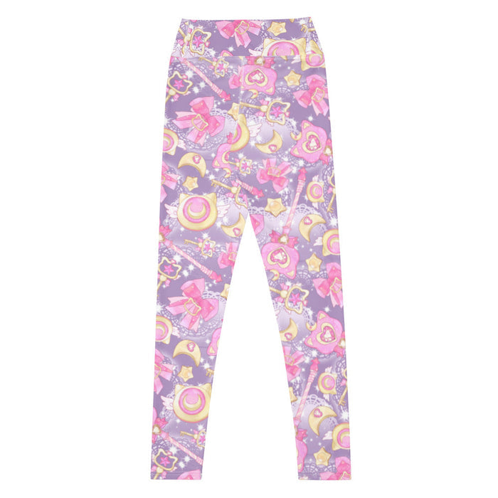 Magical Girl kawaii high-waisted leggings covered in magic scepters and heart gems, in pink or purple