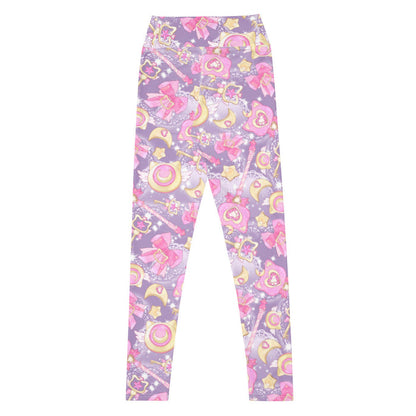 Magical Girl kawaii high-waisted leggings covered in magic scepters and heart gems, in pink or purple
