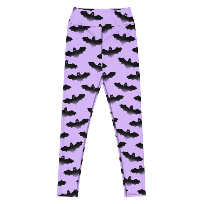 Morrigan pastel-goth high-waisted leggings in lavender with watercolor bats and drifting clouds