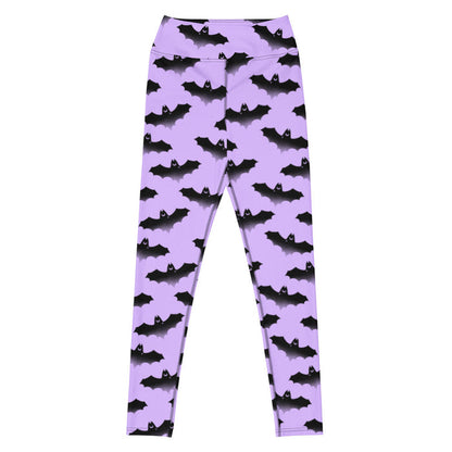 Morrigan pastel-goth high-waisted leggings in lavender with watercolor bats and drifting clouds