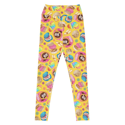 Pan Dulce kawaii high-waisted leggings in yellow with marshmallow hot chocolate and pink cortadillos