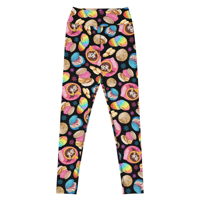 Pan Dulce kawaii high-waisted leggings in black with polvorón cookies and cocoa swirls