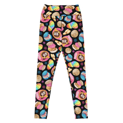 Pan Dulce kawaii high-waisted leggings in black with polvorón cookies and cocoa swirls