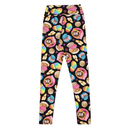 Pan Dulce kawaii high-waisted leggings in yellow with pink cortadillos and rainbow-striped conchas