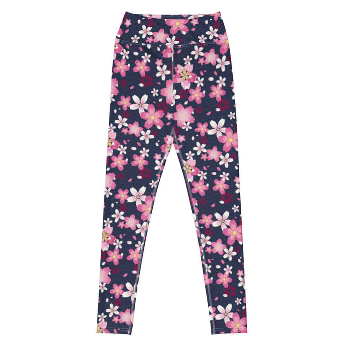 Sakura kawaii high-waisted leggings in pink with a single layered bloom and drifting petals