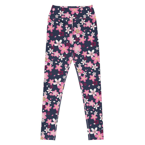 Sakura kawaii high-waisted leggings in pink with a single layered bloom and drifting petals