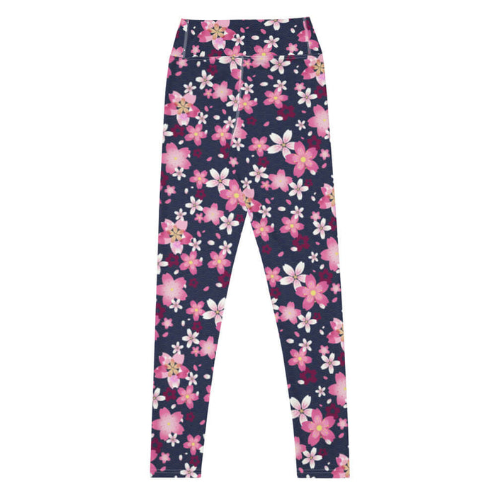Sakura kawaii high-waisted leggings in pink with cherry blossoms and rolling gold waves