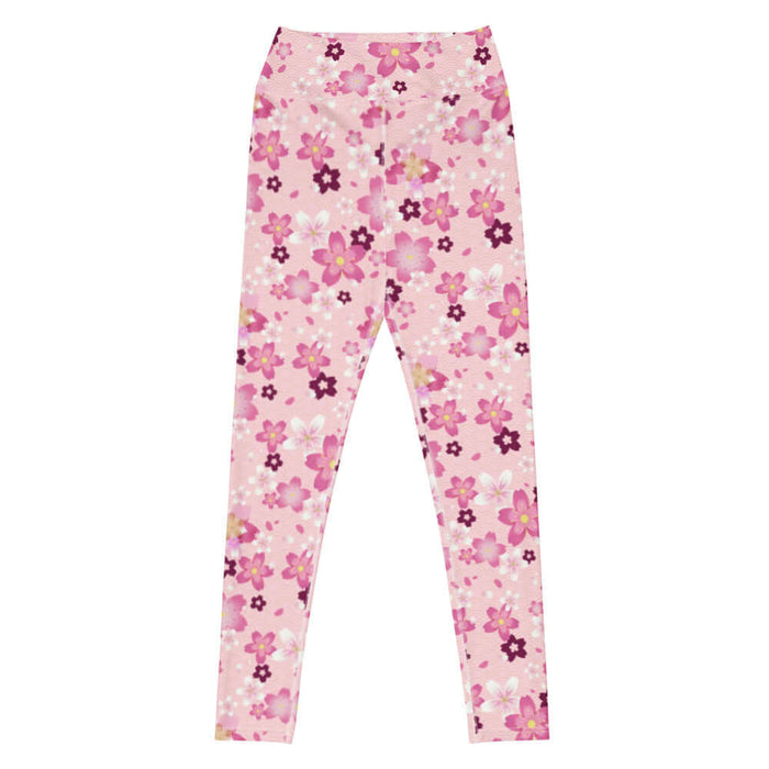 Sakura kawaii high-waisted leggings in pink with hot-pink cherry blossoms and gold seigaiha waves