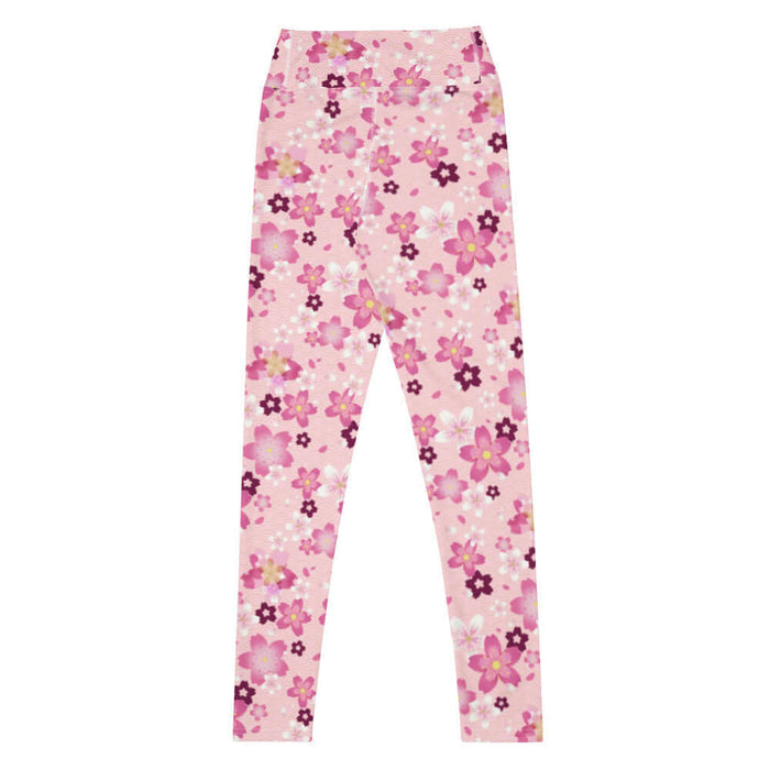 Sakura kawaii high-waisted leggings in pink with wine-dark blossoms and pale blossom clusters
