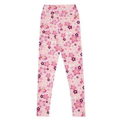 Sakura kawaii high-waisted leggings in pink with wine-dark blossoms and pale blossom clusters