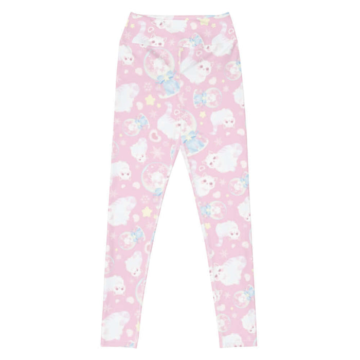 Snow Kitten kawaii high-waisted leggings in pink with fluffy white kittens and snow globes