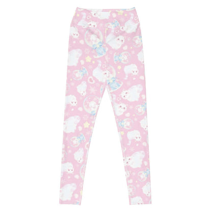 Snow Kitten kawaii high-waisted leggings in pink with fluffy white kittens and snow globes