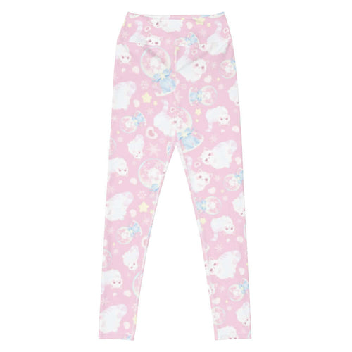 Snow Kitten kawaii high-waisted leggings in pink with fluffy white kittens and snow globes