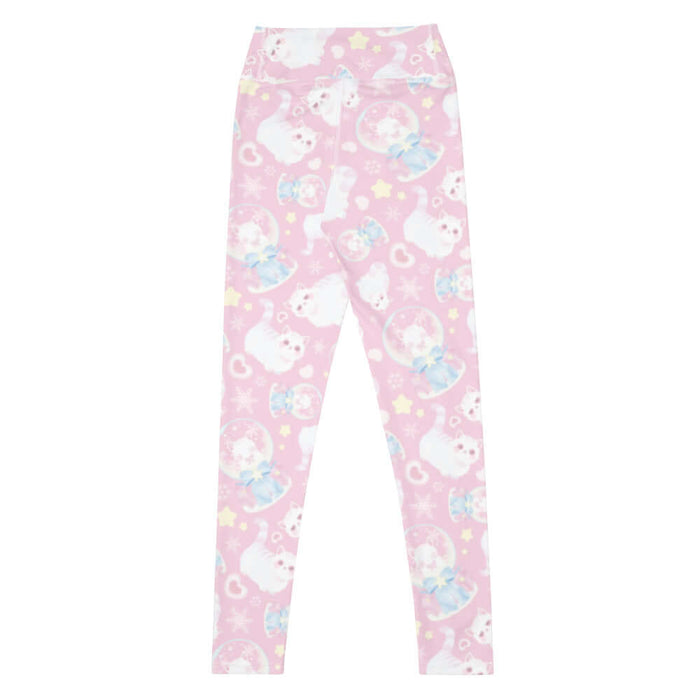 Snow Kitten kawaii high-waisted leggings in pink with blushing kittens and blue and pink bows