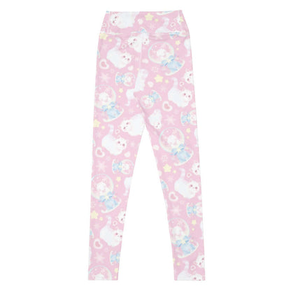 Snow Kitten kawaii high-waisted leggings in pink with blushing kittens and blue and pink bows