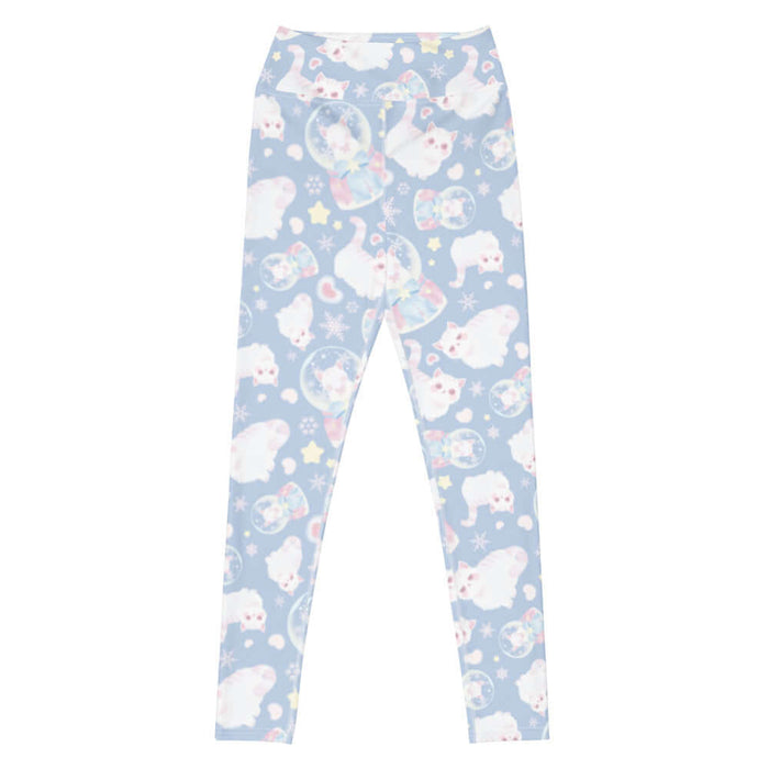 Snow Kitten kawaii high-waisted leggings in blue with snow globes and drifting snowflakes