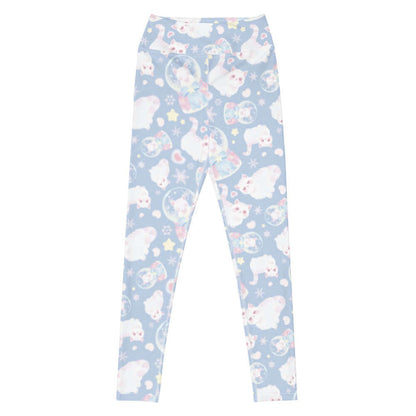 Snow Kitten kawaii high-waisted leggings in blue with snow globes and drifting snowflakes