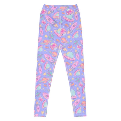 Space kawaii high-waisted leggings in lavender with pink rockets and ringed Saturns