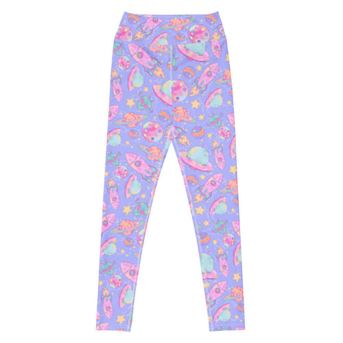 Space kawaii high-waisted leggings in lavender with pink rockets and ringed Saturns