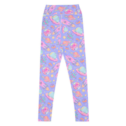 Space kawaii high-waisted leggings in lavender with mint flying saucers and cream stars