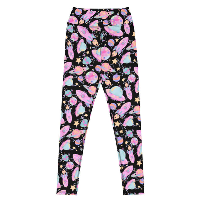 Space kawaii high-waisted leggings in lavender with rainbow-swirled planets and glowing orbs