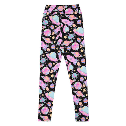 Space kawaii high-waisted leggings in lavender with mint aliens and crescent moons