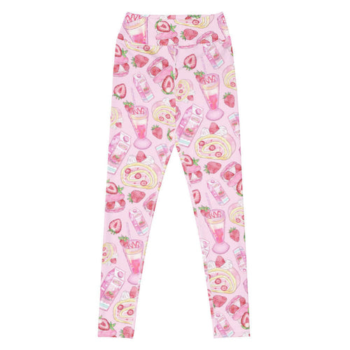 Pink kawaii High-waisted Strawberry leggings with pink milkshakes and whole strawberries