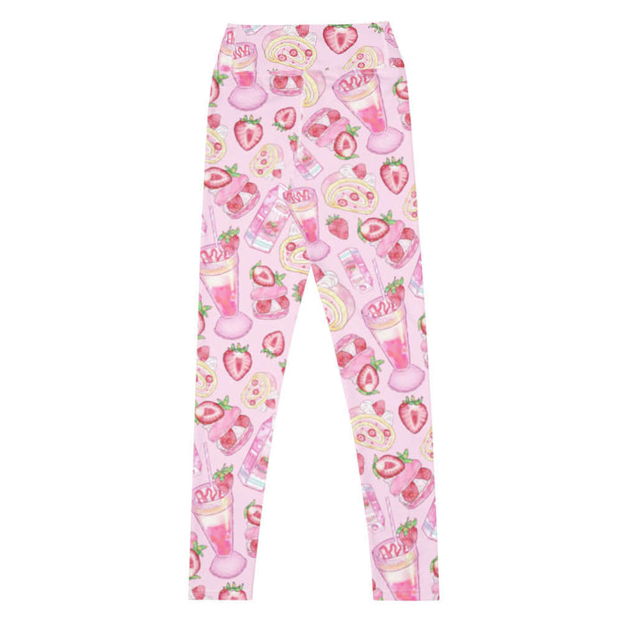 Pink kawaii High-waisted Strawberry leggings with pink milkshakes and macarons
