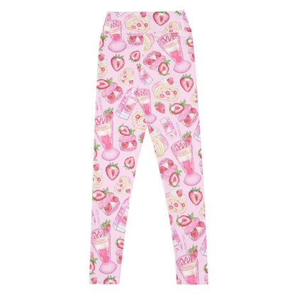 Pink kawaii High-waisted Strawberry leggings with pink milkshakes and macarons