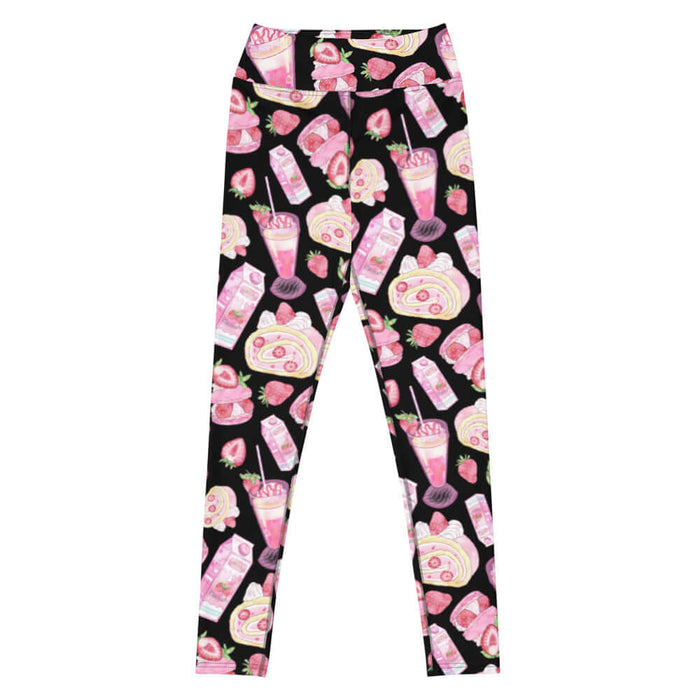 Pink kawaii High-waisted Strawberry leggings with pink milkshakes and roll cakes